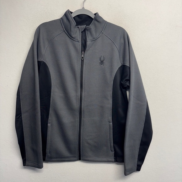 Spyder Jacket Mens Medium Gray Full Zip Pockets Long Sleeve Waffle Logo Spider - Picture 1 of 8